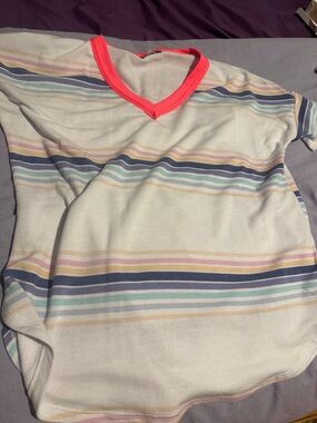 white birch Pastel Striped Tee with Neon Coral Trim